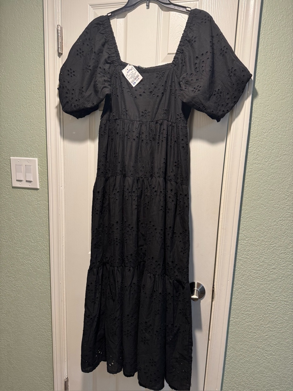 Meadow Rue Black Eyelet Maxi Dress with Puff Sleeves